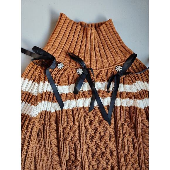 Anthropologie Maeve Turtleneck Balloon-Sleeve Bow Sweater Sz MP Petite Brown - Picture 4 of 15